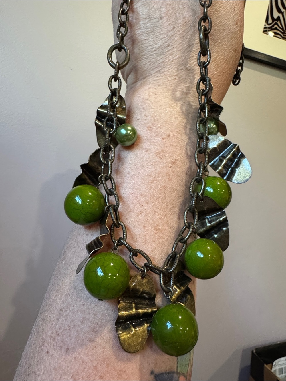 J. Jill Olive Green Bead Necklace with Antiqued Metal Charms